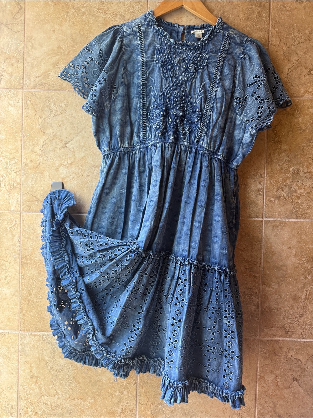 Sundance Isla River Dress Cotton POCKETS  Blue Tiered Skirt P L NOTE Alteration